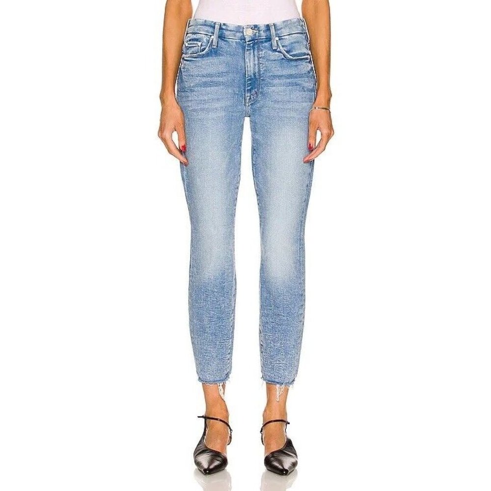 MOTHER High Waisted Looker Ankle Fray Jeans Deep Breaths Blue